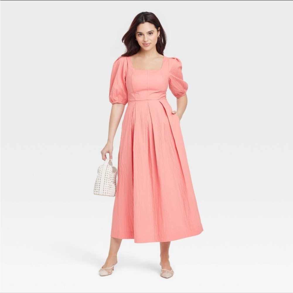 Women's Short Sleeve Midi Dress - A New Day Coral Pink M